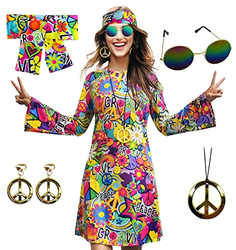 MRYUWB 70er-Hippie-Kleid-Kostüm für Damen, mit Halskette, Ohrringe, Sonnenbrille, Disco-Kostüm, 60er-Party-Kostüm, Halloween Retro-Kleider (Vintage-Kleid mit Liebe- und Frieden-Muster, XXL)
