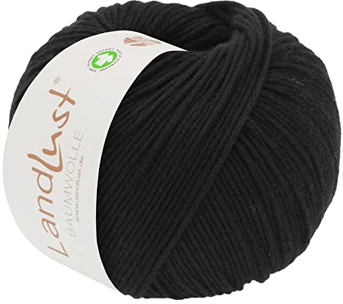 LANA GROSSA Landlust Baumwolle | Klassisches Bio-Baumwollgarn, Gots zertifiziert | Handstrickgarn aus 100% Baumwolle (Bio) | 50g Wolle zum Stricken & Häkeln | 115m Garn FB 1 Schwarz