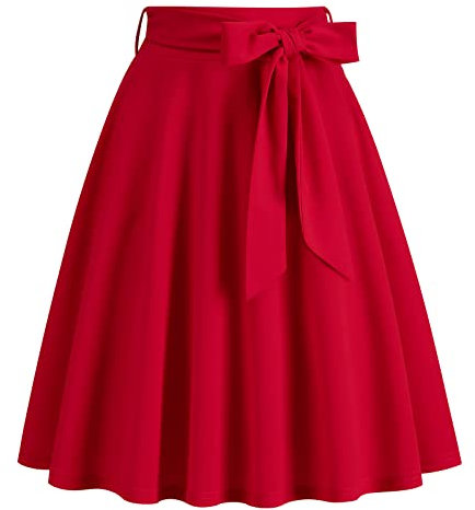 Odizli Rock Damen Knielang Rockabilly Tellerrock Elegant 50er Jahre Vintage Audrey Hepburn A Linie Swing Petticoat Röcke Faltenrock Plisseerock Retro Trachtenrock Festlich Sommerrock Rot XL