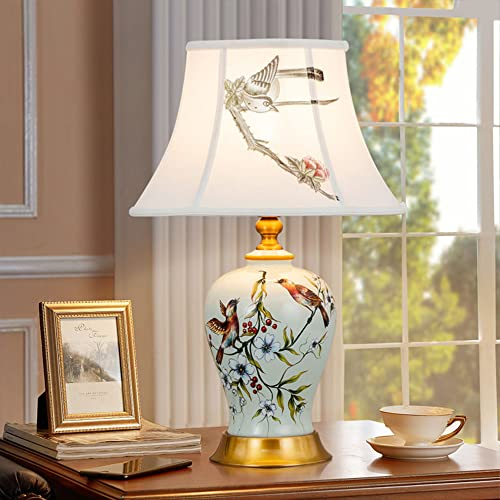 Klassische Blaue Keramik-Tischlampe Stoff Tischleuchte Vintage E27 Wohnzimmer Schlafzimmer Nachttischlampe Lampenschirm Studie Nachttisch Lichtdekoration Schreibtischleuchten Leselampe (Weiß)