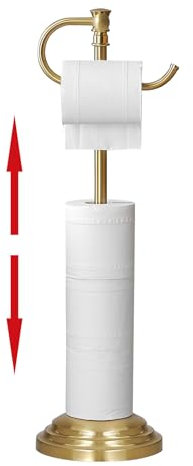 RUMOSE Toilet Paper Holder Stand for Floor, Brushed Gold Adjustable (12.4 to 22.8) Bathroom Toilet Tissue Holder, Free Standing Toilet Paper Roll Holder with Storage, Stainless Steel