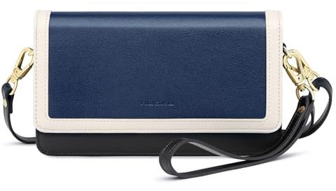 nuoku Umhängetasche für Damen, Handy, kleine Geldbörse mit Kreditkartenfächern, leichtes Leder-Armband, Blau mit Aprikose
