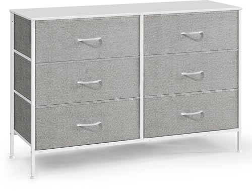 SONGMICS Kommode mit 5 Schubladen, Aufbewahrungsschrank mit 6 Stoff-Schubladen, 40 x 117 x 77,5 cm, modern, weiß-hellgrau LTS833W01