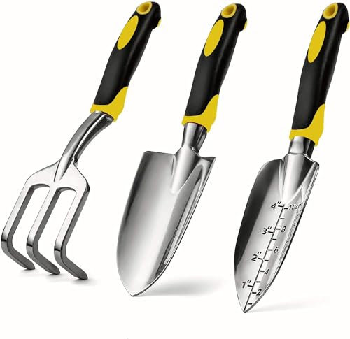 MAYHORY Garden Tool Set Including Hand Trowel Transplantedd and Cultivator Heavy Duty Cast-Aluminium Heads Gardening Kit with Soft Rubberized No- Slip Ergonomic Handles Garden Tools (3pcs)