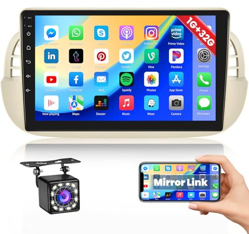 Android Car Stereo for Jeep Fiat 500 2007-2015 Wireless Carplay Android Auto, 9 Inch Touch Screen Car Radio Bluetooth WiFi GPS SWC FM EQ 2G+32G CarPlay Head Unit+Free Cam