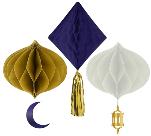 Folat 24892 Ensemble boule en nid d'abeille-Eid Mubarak-3 pièces-Décoration Ramadan Aid Moubarak, Multicolore