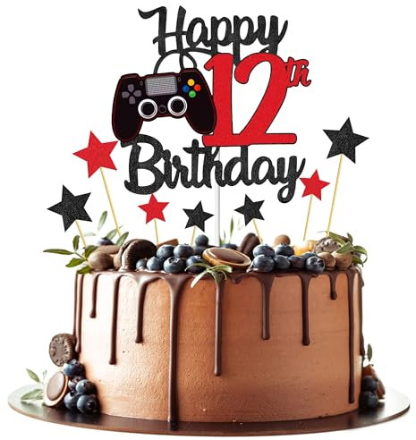 Joyeah Happy 12th Birthday Cake Topper Glitter Video Game Cake Pick Game On Cheers to 12 Years Cake Decoration for Game Theme Happy 12th Birthday Party Supplies Red