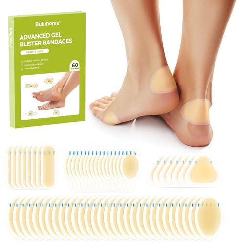 60Pcs Blister Plasters Hydrocolloid Dressings Blister Prevention Tape for Toes Heel Feet- Bukihome Gel Blister Hydrocolloid Plasters for Feet (Variety Pack)