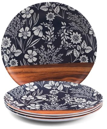 The Farmhouse by Rachel Ashwell Melamine Dinner Plates, 4 Piece Set, Blue and White Floral with Wood Grain Pattern