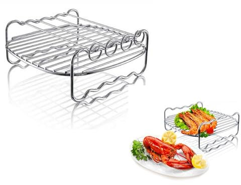 Air Fryer Rack Multi-Purpose Double Layer Rack with Spieße, Heat Resistant Metal Rack Cooking Rack Dishwasher Safe Metal Holder for XL Air Fryer for Philips Airfryer (Φ17.8cm Square)