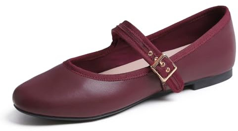 Feversole Women's Soft Breathable Mary Jane Memory Foam Cushioned Comfort Round Toe Metal Buckle Flats Walking Shoes Burgundy Napa Size UK 6