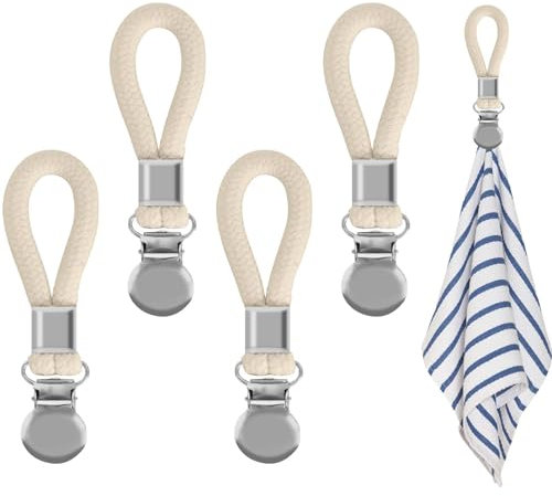 Cleminsta Handtuch Clips, 5er-Pack Hängende Handtuch Clips aus Metall mit Baumwollseil, Handtuchhalter für Küche, Badezimmer, Schränke, Strandtücher, Handtücher, für Zuhause & Reisen (Beige)