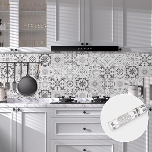 Abyssaly Vinilos Azulejos Adhesivos Baño Cocina, Vinilo Adhesivos Pared Cocinas Blanco y Gris, Baldosas Pared Baños Decoracion Vintage 30 x 300 cm