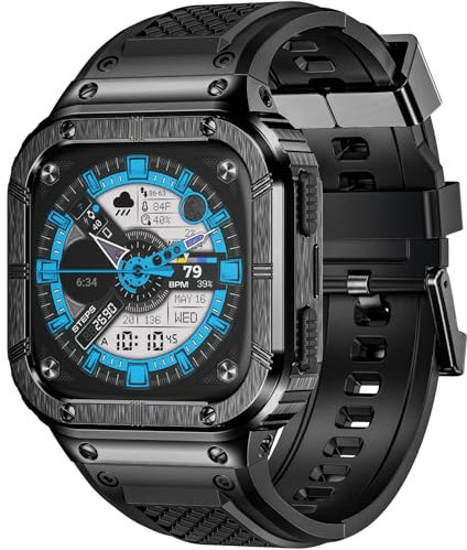 HASLFM Armband Kompatibel mit Fitbit Sense 2/1 & Versa 4/3/2/1 & Versa Lite, Silikon Armband und Edelstahl Schutzhülle, Robustes Ersatzband für Männer, Schwarz