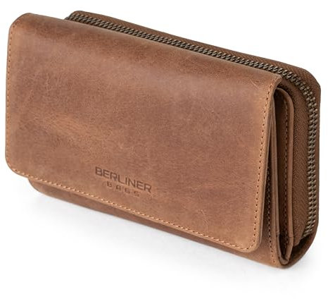 Berliner Bags Vintage Geldbörse Vienna, Große Portemonnaie, Geldbeutel aus Leder mit RFID Schutz, inkl. Geschenk-Box, für Damen - Braun