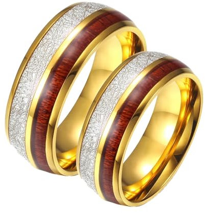 Calefee Verlobungsring Paar Edelstahl, Partnerringe mit Gravur Ring aus Holz 8mm Gold, Damen Größe 57 und Herren Größe 57
