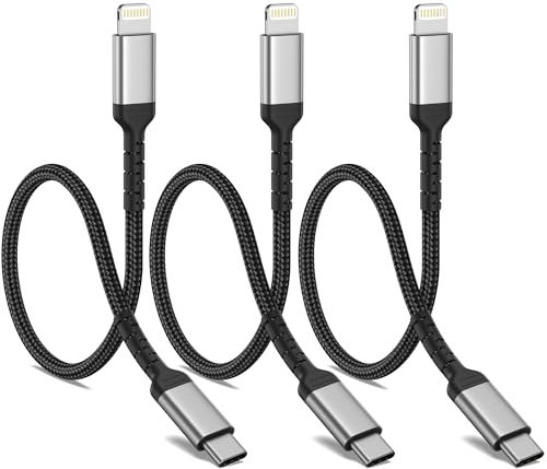 ADILIFT Câble USB-C à Lightning court [30 cm, 3 pièces], certifié MFi, en nylon, compatible avec iPhone 14, 13, 12, 11 Pro Max, Mini, XS, XR, X, SE 2020, 8, 8 Plus, 7, 7 Plus, 6s, 6, 5s, 5 - Noir
