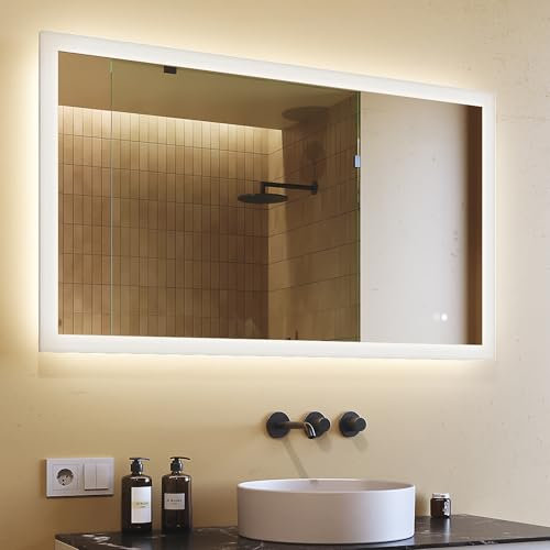 Rechteckiger Badspiegel mit Beleuchtung LED 120x70cm, Touchschalter, einstellbare Lichtfarbe Lichtspiegel (3000K-6500K), Beschlagfrei | horizontal Wandspiegel für Schlafzimmer, Wohnzimmer, Badezimmer