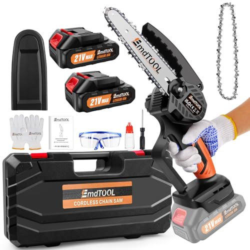 6-inch Cordless Chainsaw, 21V Portable Mini Chain Saw with 2 X 3000mAh Lithium Battery, 5300rpm, Safety Lock, for Gardens Cutting Wood & Trimming (with 2 Chains), Orange