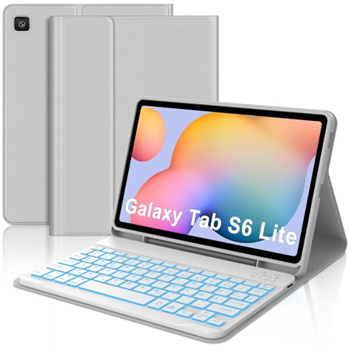 Occtingkind Hülle mit 7-Farben Beleuchteter Deutscher Tastatur für Samsung Galaxy Tab S6 Lite (2020/2022/2024) 10,4 - Bluetooth Keyboard, kompatibel mit SM-P620/P625/P613/P619/P610/P615, Steingrau