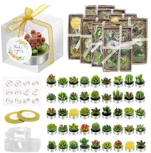 AZEAM 48 velas suculentas para fiestas, decoración de mesa de cactus a granel para invitados, mini velas hechas a mano, juego de decoración de velas para ducha, premios, juegos de novia, boda, hogar