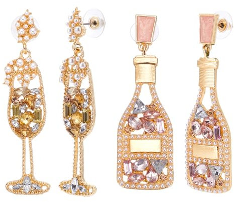 UNICRAFTALE 2 Paar Strass Ohrstecker Form Einer Champagnerflasche Lange Martini Weinglas Ohrhänger 2 Stile Schöne Cocktail Ohrringe Neuartige Alkohol Ohrringe Für Hochzeits Und Festivalgeschenke
