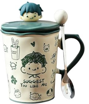 HUMOCHUSON Tasse Amusante Tasse À Eau En Céramique De 480 Ml Avec Couvercle Et Cuillère, Motif Graffiti Peint À La Main