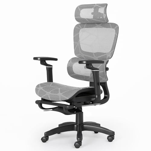 ADOV Ergonomic Office Chair, High-Back Breathable Mesh Desk Chair with Adjustable Footrest, Lumbar Support, Headrest and 6D Armrests, Reclining Swivel Computer Chair for Home Office, Study, Gaming