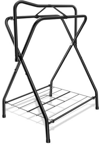HDYEGY Folding Saddle Rack Heavy Duty Freestanding Horse Saddle Stand Detachable Saddle Rack Stand with Bottom Storage for English & Western Saddles