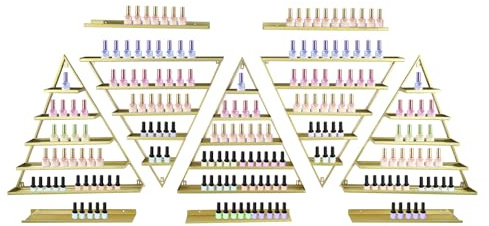 Fyssnn 10 Stück Dreieckiges Wandregal Nagellack Organizer, 5 Ebenen Kosmetik Aufbewahrung für Nagellack Ölen Lippenstift, Wandmontage Nagellackregal für Nail Salon, Home Spa (Gold)