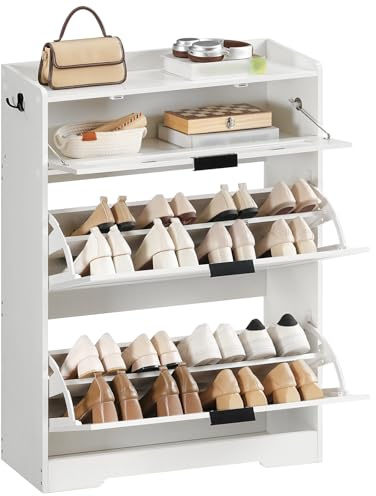 HOOBRO Schuhschrank mit 3 Klappfächern, modernes Schuhregal mit 2 Doppelhaken, Schuhkipper für bis zu 16 Paar Schuhe, 80 x 24 x 105 cm, für Eingang, Flur, Wohnzimmer, Weiß EWT105SC01
