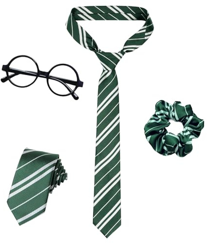 YAEGIMHT 4 Stück Zauberer Kostüm Kinder Erwachsene Accessoires, Gestreifte Krawatte Stirnband Zauberstab Runder Brillen, Wizard Magische Kostüm Faschingskostüm Haarschmuck für Cosplay