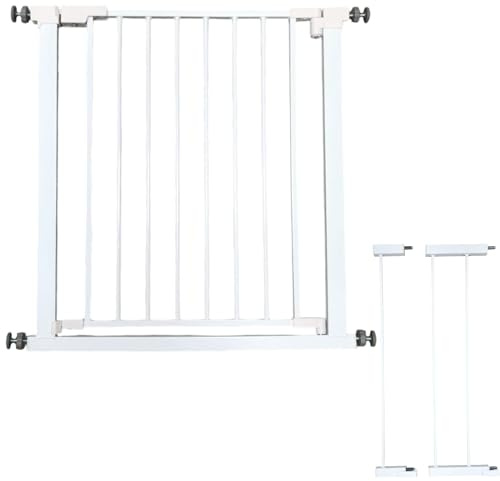 RG-M1® Barrera de Seguridad para Bebés y Mascotas, Ajustable 75-82 cm Extensible hasta 108 cm, Acero Blanco, Valla Escalera y Puerta sin Taladro, Cierre Automático, Apertura 1 Mano, Doble Seguridad