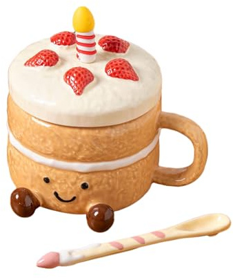 Knowlife Novelty Coffee Mugs - Cute Ceramic with Lid Spoon Feet | Cake Shaped Aesthetic Mug Tea Cup - for Hot Cold Drinking Water Tea Milk Christmas Valentines Day Home Office School Cafe