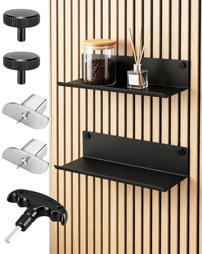 Haliya 2er Regal für Akustikpaneele – 14x36 cm, Metall, ohne Bohren | schwarze Wandregal & Ablage – Akustikpaneele Zubehör für senkrechte & waagerechte Paneele – ideal für Wohnzimmer, Büro, Küche