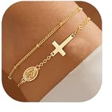 YOEE Armband Damen Gold mit Kreuz 14K Vergoldet Layered Armband mit Maria Anhänger Armkette Damen Katholisch Christlich Schmuck Goldschmuck Taufe Geschenke für Frauen Teenager Mädchen