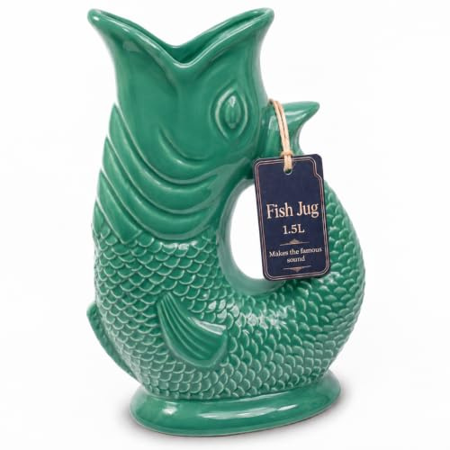 Giggling Grandma Jarra de Agua Cerámica 1,5 L, Forma de Pez, Verde Océano | Jarra decorativa en forma de pez, sonido alegre al servir – para 6 vasos, caja de regalo, hace de jarrón, diseño británico