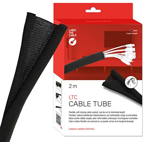 LABEL THE CABLE® 2m - 25mm (für 6-10 Kabel) Kabelschlauch Schwarz Selbstschließend, Kabelkanal flexibel, Kabelschutz Katze Hund, Kabel verstecken PC, Kabelmanagement Schreibtisch höhenverstellbar
