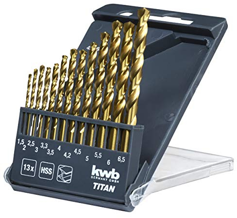 kwb KRAFTIXX HSS Spiralbohrer-Satz, Titan nitriert – Bohrer-Set, 13-teilig, Ø 1,5 bis 6,5 mm (Steigung 0,5 mm) sowie 3,2 und 4,8 mm