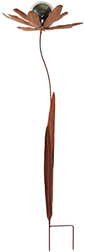 Kobolo Gartenstecker Rusty Flower, Metall, braun, 120 cm, dekorative Blumenstecker mit Edelstahlkugel für Moderne Dekoration im Outdoorbereich