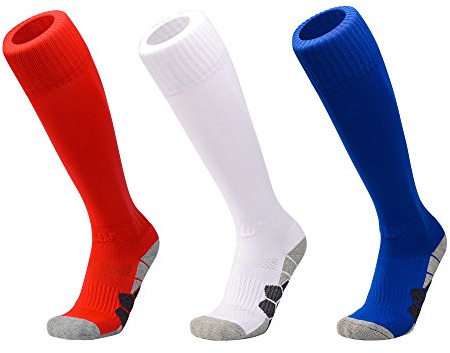 DEBAIJIA 3 Pares Calcetines de Fútbol Deportes al aire Libre de Medias de Fútbol Mujeres/Hombre Niños/Niñas Para Baloncesto, Lacrosse, Rugby, Hockey& Otros deportes Rojo/Blanco/Azul - L
