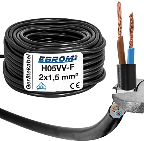 EBROM Cable de Plástico Redondo H05VV-F 2 x 1,5 mm², Cable de Alimentación y Dispositivo, Negro, Longitudes de 5 a 200 Metros