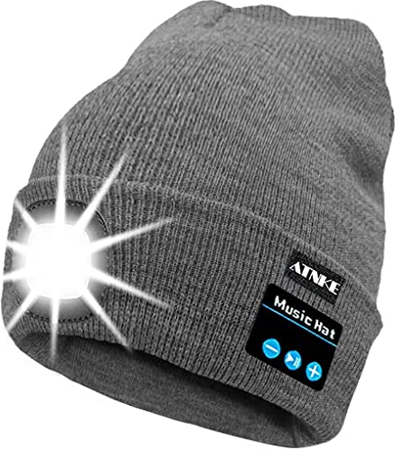 ATNKE LED beleuchtete Bluetooth-Beanie-Kappe, wiederaufladbare USB-Musikalische Laufm¨¹TZE mit extrem hellem 4-LED-Licht wasserdichte Lampe f¨¹r das Skifahren Wandern Camping Radfahren/Grau