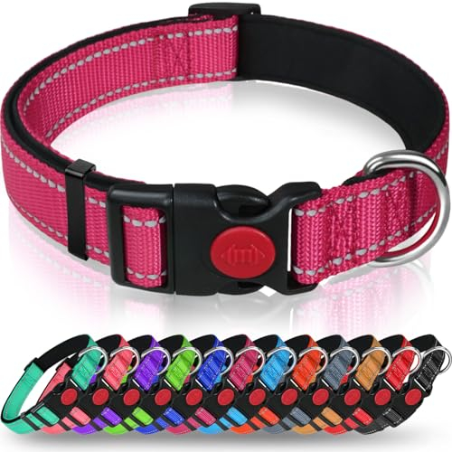 Taglory Hundehalsband, Weich Gepolstertes Neopren Nylon Hunde Halsband für Große Hunde, Verstellbare und Reflektierend für das Training, Hot Pink