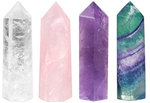 mookaitedecor Cristal de Roche,Améthyste,Quartz Rose,Fluorite Pierre Cristal Naturelle,Baguette Pointe de Cristaux Pierres Guerison
