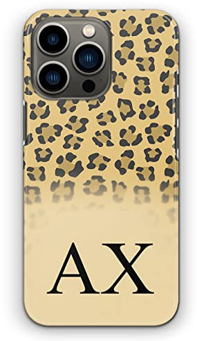 Personalised Initials Phone Case For Apple iPhones, 16, 15, 14,13, 12, 11, Pro Max, Mini, XR, SE Black Monogram, Initials on Yellow Leopard Print Hard Phone Cover