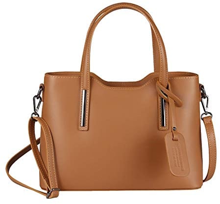 OBC Made IN Italy Damen Echt Leder Tasche Business Shopper Schultertasche Handtasche Ledertasche Umhängetasche Rindsleder Freizeittasche Cognac