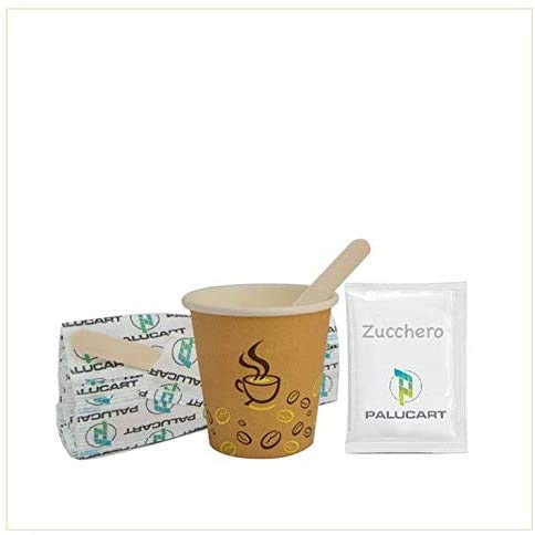VIRSUS Kit Zucchero Palette Bicchierini Set Accessori biodegradabili 150 bustine di Zucchero 150 Bicchierini in cartoncino Avana con Grafica da 75 ml 150 Palette in Legno di Betulla