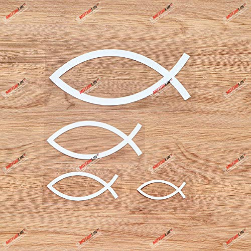 Ichthys Jesusfisch Christliches Symbol Ichthus Aufkleber Vinyl Sticker - 4er-Pack Weiß, 5,1 cm, 7,6 cm, 10,2 cm, 15,2 cm - Ohne Hintergrund für Auto Boot Laptop Tasse Handy