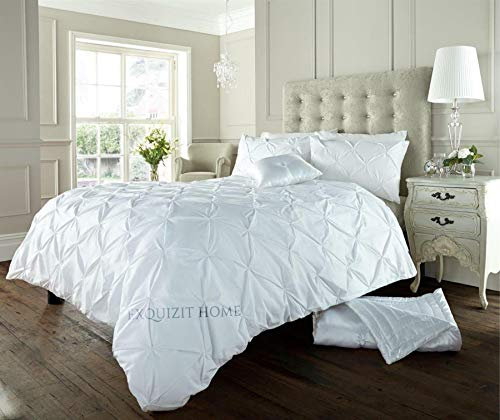 EXQUIZIT HOME Duvet Quilt Cover Pin Tuck Pinch Pleat Alexander Alford Reversible Diamond Bedding Set With Matching Pillowcase White King 230cm x 220cm Approximate